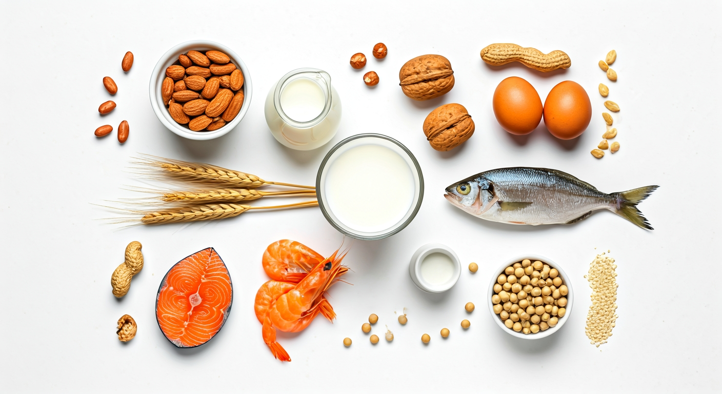 Common food allergens including peanuts, tree nuts, milk, eggs, wheat, shellfish, fish, soy, and sesame